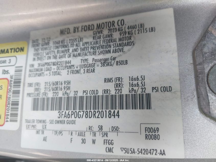 2013 Ford Fusion S VIN: 3FA6P0G78DR201844 Lot: 43215814