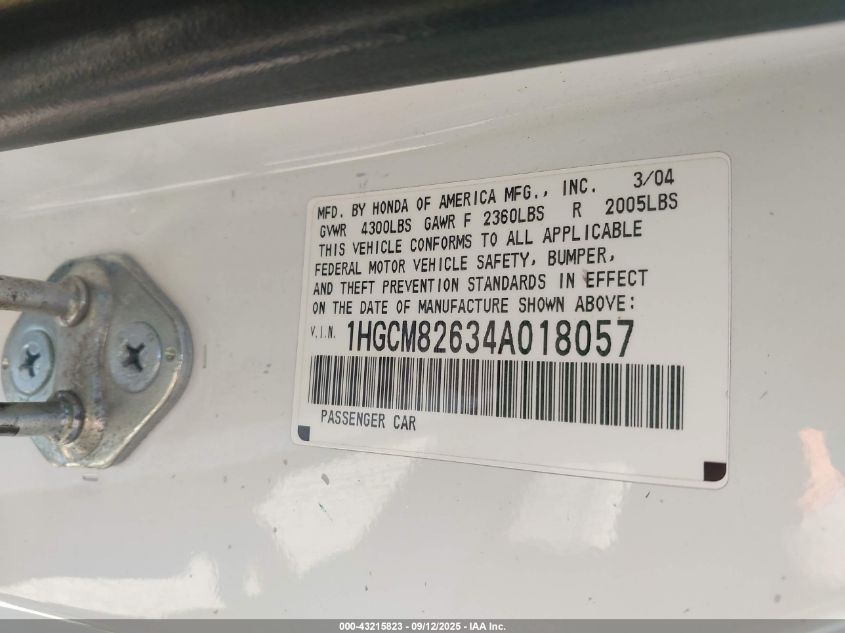 2004 Honda Accord 3.0 Ex VIN: 1HGCM82634A018057 Lot: 43215823