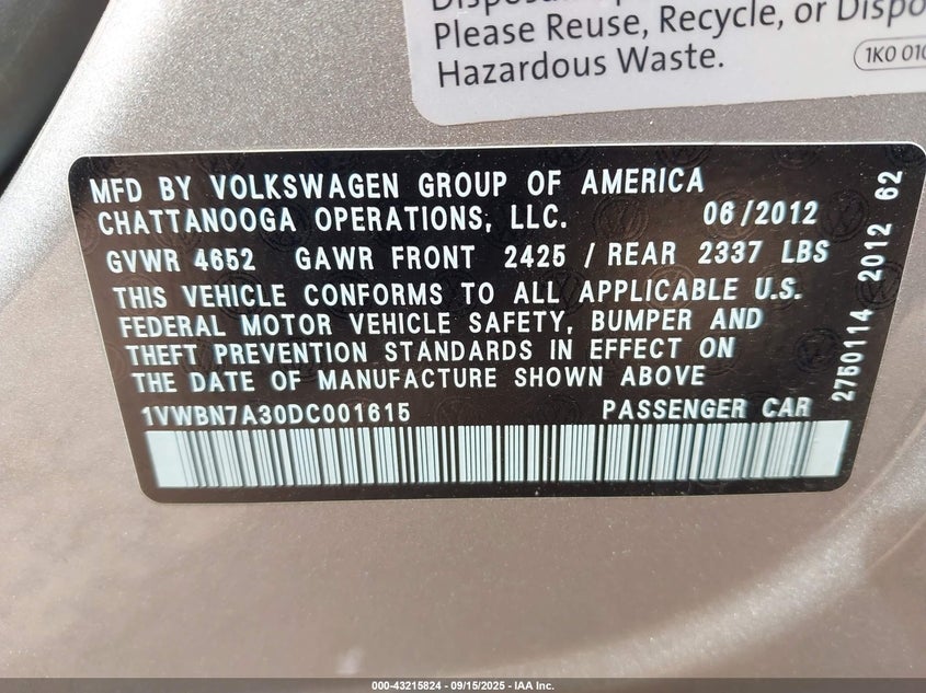 2013 VOLKSWAGEN PASSAT 2.0L TDI SE 1VWBN7A30DC001615