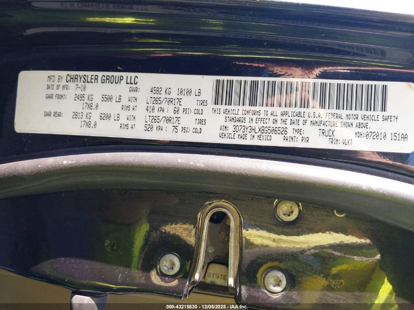 2011 Ram Ram 3500 Laramie VIN: 3D73Y3HLXBG506526 Lot: 43215830