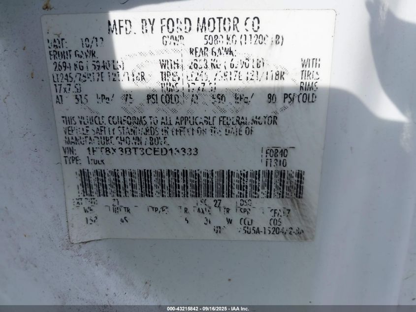 2012 Ford F-350 Xl VIN: 1FT8X3BT3CED13333 Lot: 43215842