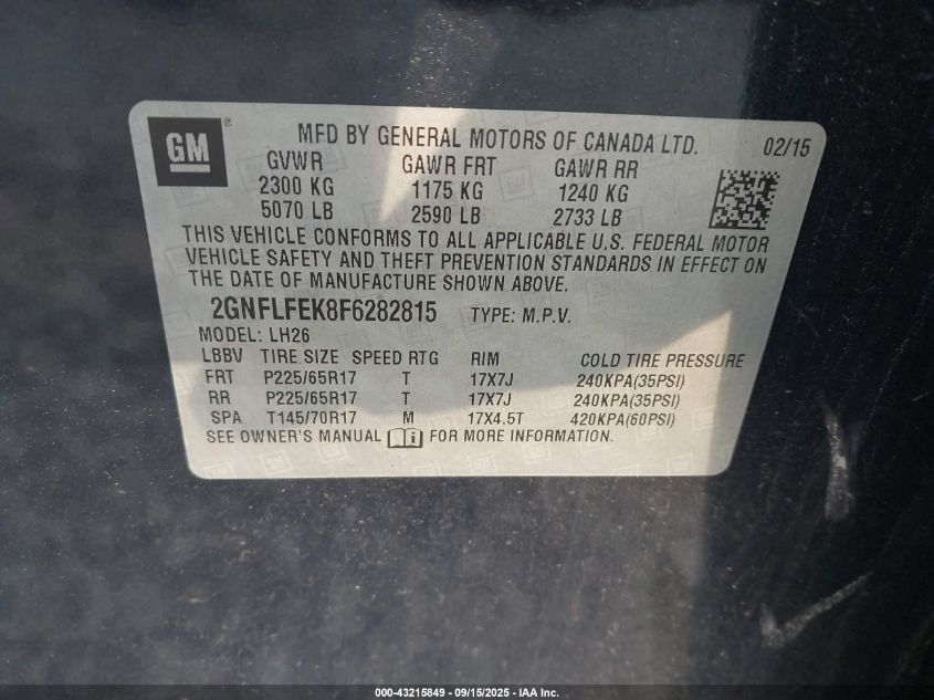 2015 Chevrolet Equinox 1Lt VIN: 2GNFLFEK8F6282815 Lot: 43215849