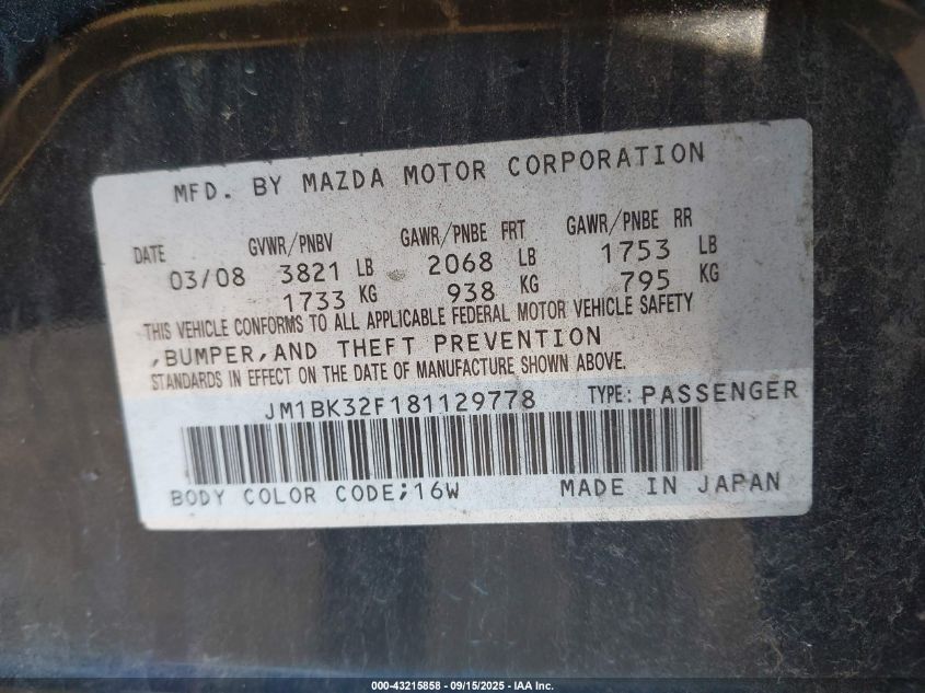 2008 Mazda Mazda3 I Touring Value VIN: JM1BK32F181129778 Lot: 43215858