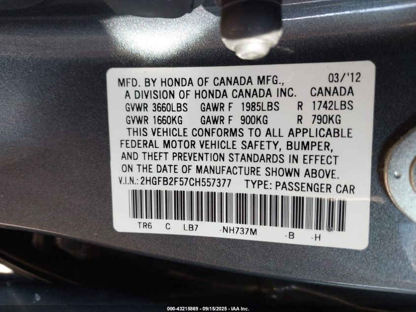 2012 Honda Civic Lx VIN: 2HGFB2F57CH557377 Lot: 43215869