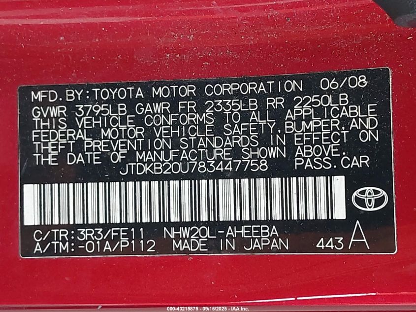 2008 Toyota Prius VIN: JTDKB20U783447758 Lot: 43215875