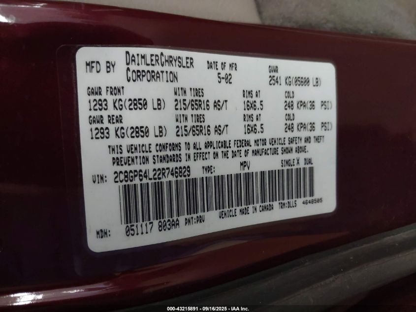 2002 Chrysler Town & Country Limited VIN: 2C8GP64L22R746829 Lot: 43215891