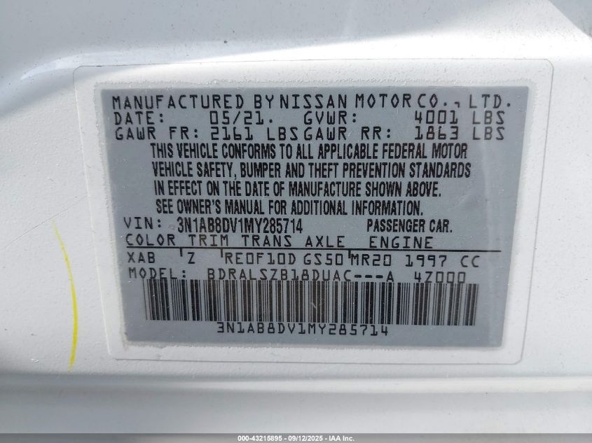 2021 Nissan Sentra Sr Xtronic Cvt VIN: 3N1AB8DV1MY285714 Lot: 43215895