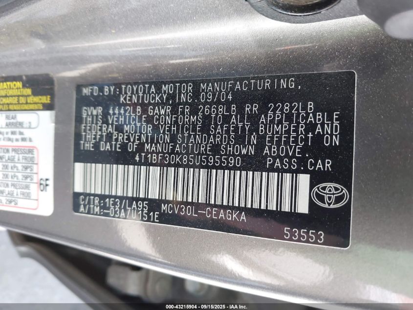 2005 Toyota Camry Xle V6 VIN: 4T1BF30K85U595590 Lot: 43215904