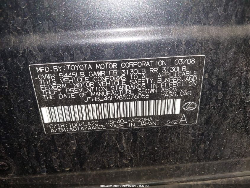 2008 Lexus Ls 460 VIN: JTHBL46F985076056 Lot: 43215908