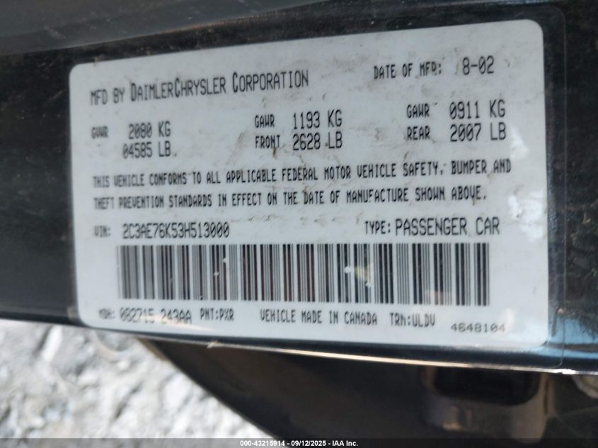 2003 Chrysler 300M Special Edition VIN: 2C3AE76K53H513000 Lot: 43215914