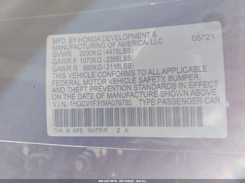 2021 Honda Accord Sport VIN: 1HGCV1F31MA076785 Lot: 43215918