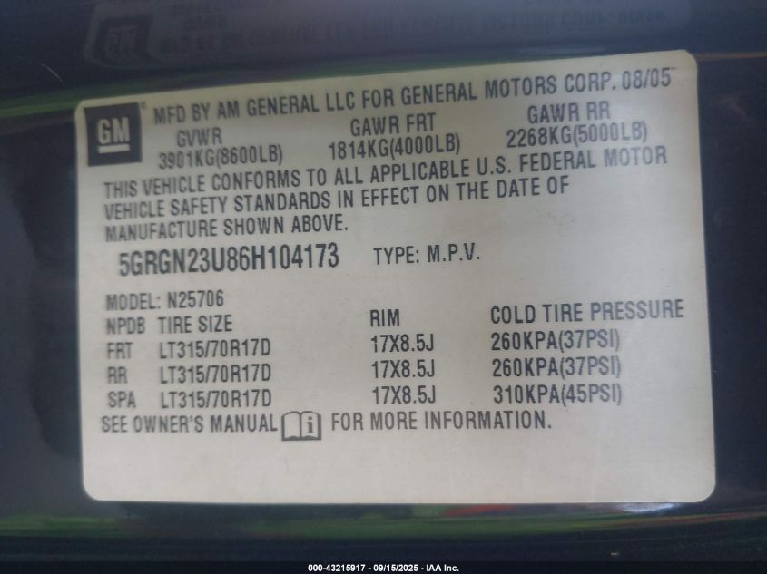 2006 Hummer H2 Suv VIN: 5GRGN23U86H104173 Lot: 43215917