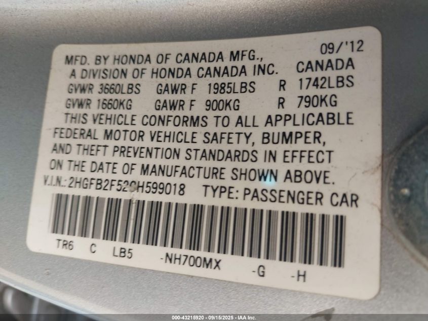 2012 Honda Civic Lx VIN: 2HGFB2F52CH599018 Lot: 43215920