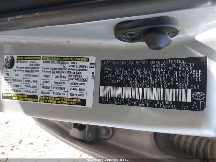 2010 Toyota Corolla Le VIN: 2T1BU4EE3AC225108 Lot: 43215923