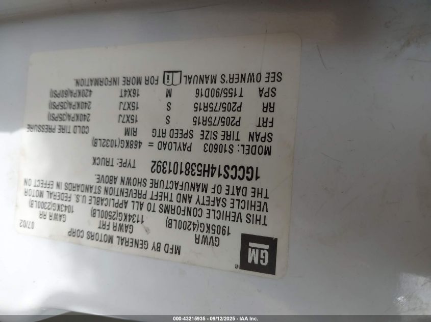 2003 Chevrolet S-10 VIN: 1GCCS14H538101392 Lot: 43215935