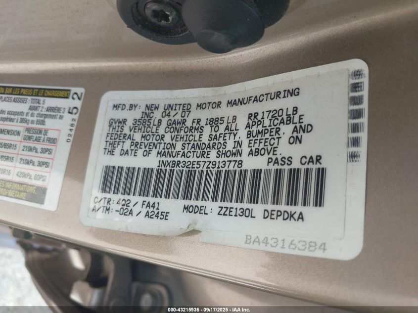 2007 Toyota Corolla Ce/Le/S VIN: 1NXBR32E57Z913778 Lot: 43215936