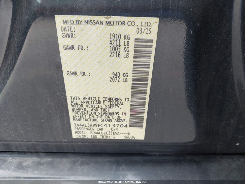 2015 Nissan Altima 2.5 S VIN: 1N4AL3AP9FC413704 Lot: 43215950