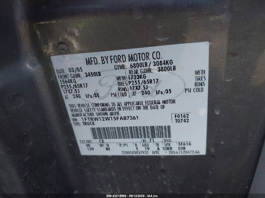 2005 Ford F-150 Xlt VIN: 1FTRW12W15FA87361 Lot: 43215968