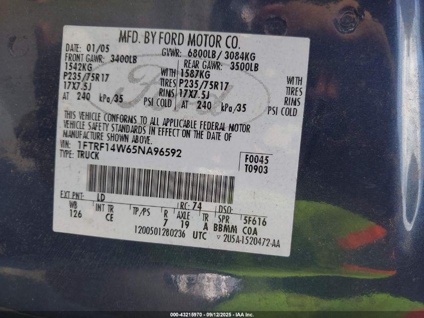 2005 Ford F-150 Stx/Xl/Xlt VIN: 1FTRF14W65NA96592 Lot: 43215970