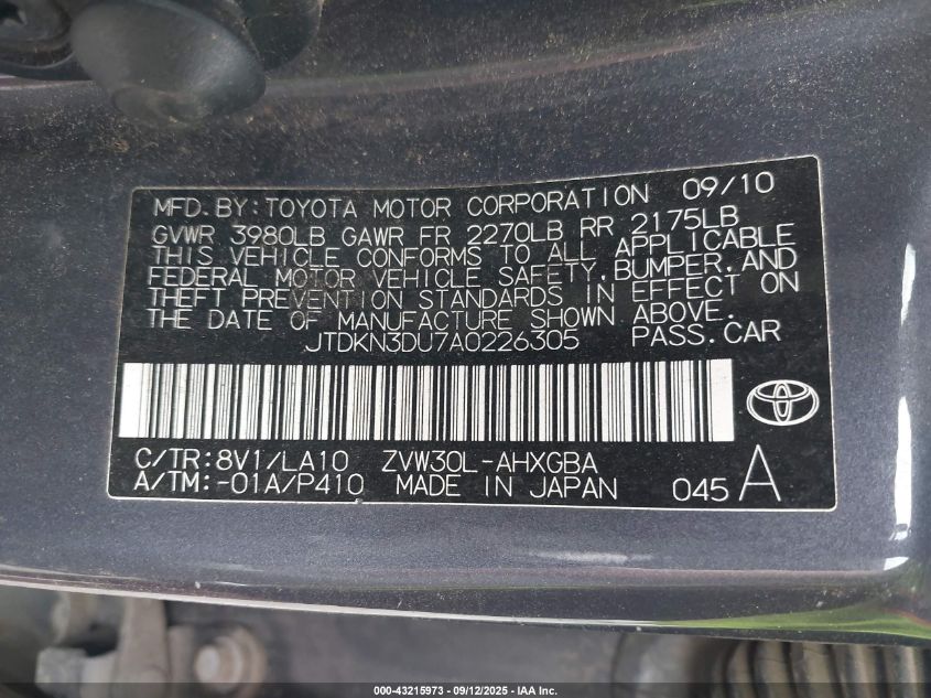 2010 Toyota Prius Iv VIN: JTDKN3DU7A0226305 Lot: 43215973