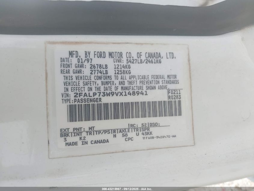 1997 Ford Crown Victoria VIN: 2FALP73W9VX148941 Lot: 43215987