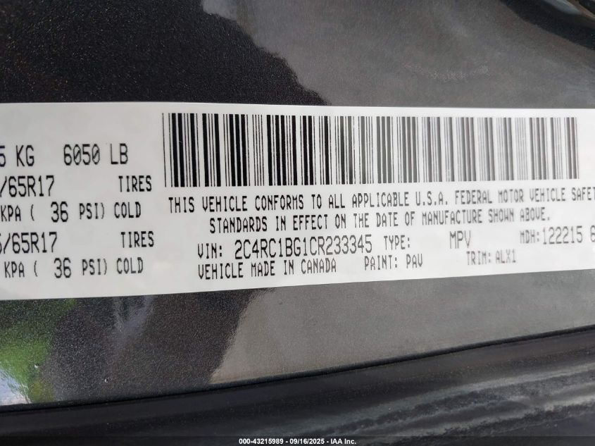 2012 Chrysler Town & Country Touring VIN: 2C4RC1BG1CR233345 Lot: 43215989