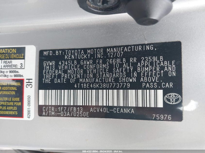 2008 Toyota Camry Le VIN: 4T1BE46K38U773779 Lot: 43215994