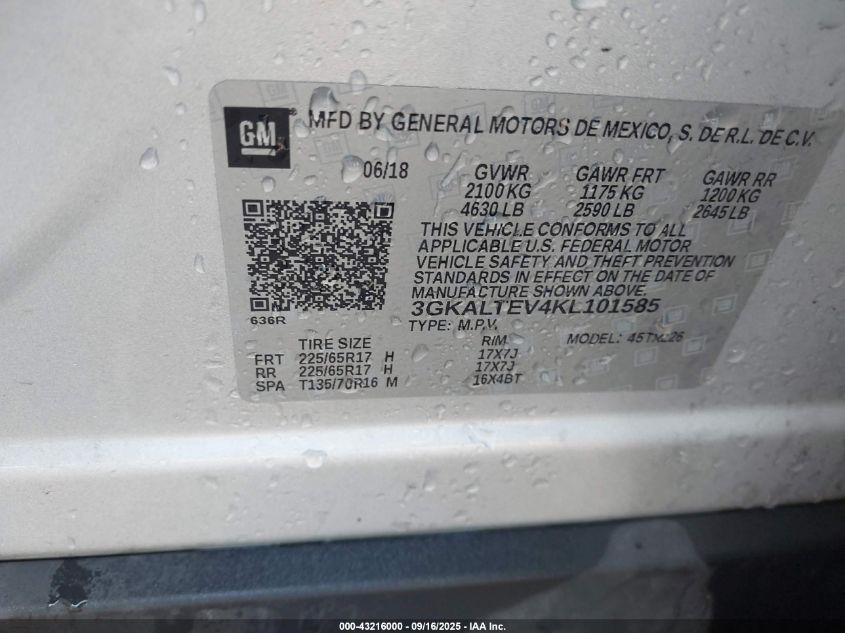 2019 GMC Terrain Sle VIN: 3GKALTEV4KL101585 Lot: 43216000