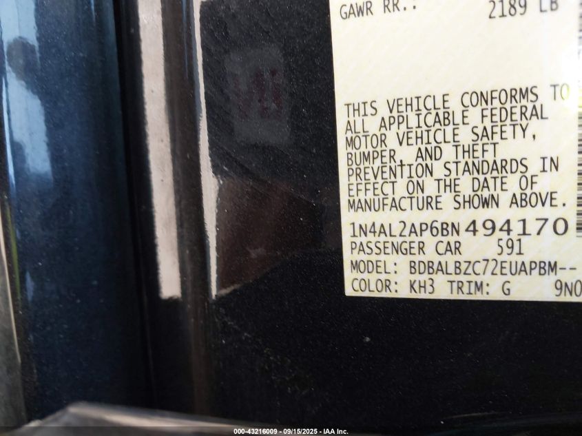 2011 Nissan Altima 2.5 S VIN: 1N4AL2AP6BN494170 Lot: 43216009