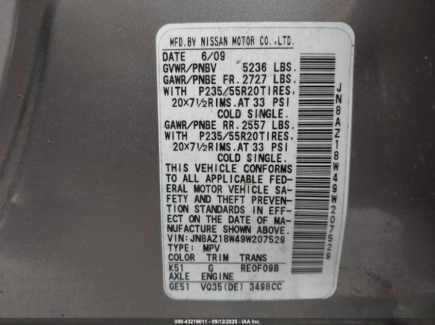 2009 Nissan Murano Le VIN: JN8AZ18W49W207529 Lot: 43216011