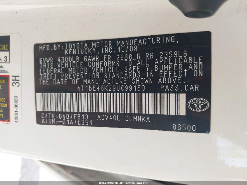 2009 Toyota Camry VIN: 4T1BE46K29U899150 Lot: 43216028