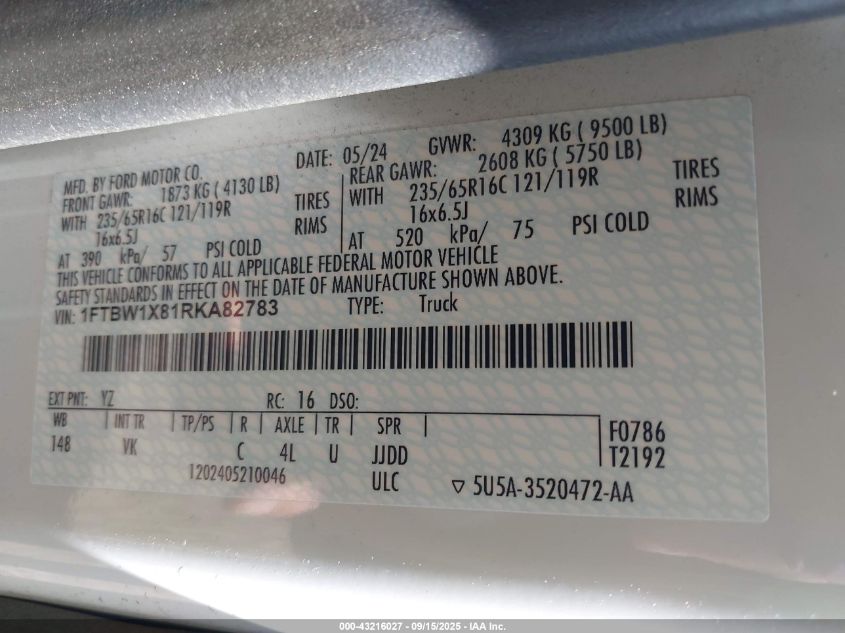 2024 Ford Transit-350 VIN: 1FTBW1X81RKA82783 Lot: 43216027