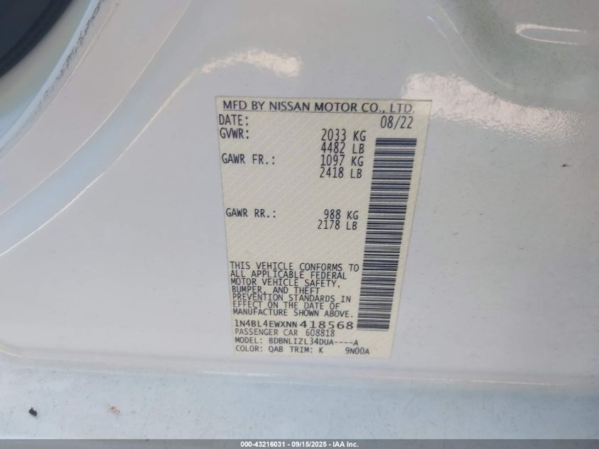 2022 Nissan Altima Sl Intelligent Awd VIN: 1N4BL4EWXNN418568 Lot: 43216031