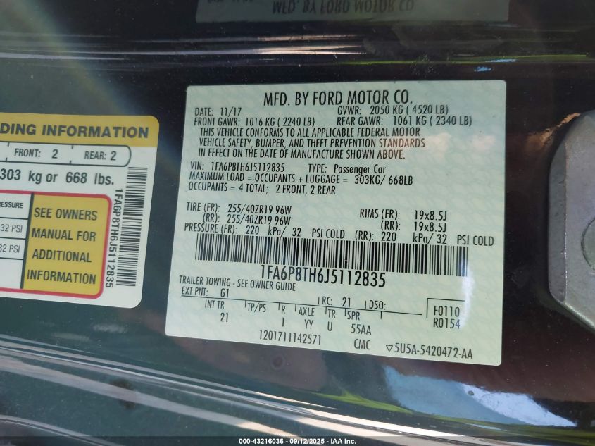 2018 Ford Mustang Ecoboost VIN: 1FA6P8TH6J5112835 Lot: 43216036