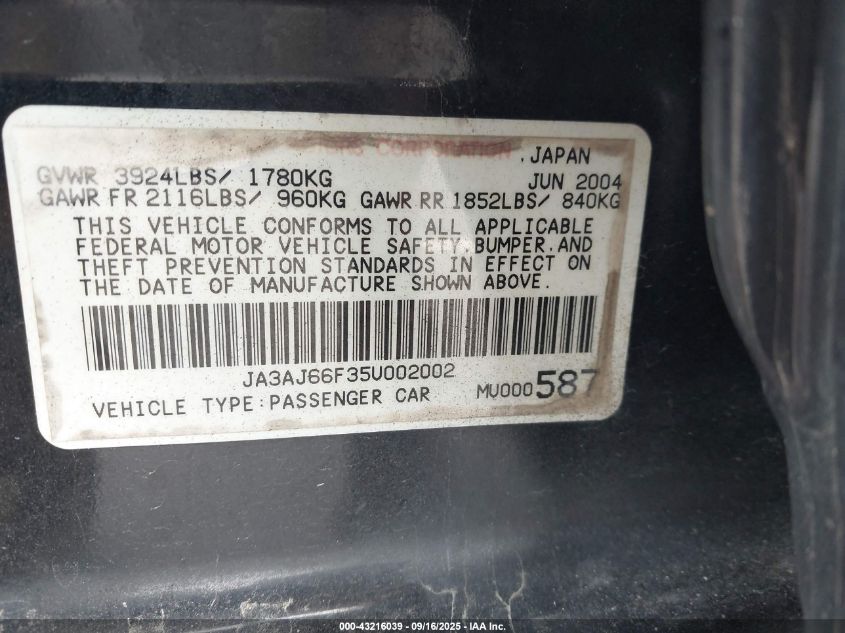 2005 Mitsubishi Lancer Ralliart VIN: JA3AJ66F35U002002 Lot: 43216039