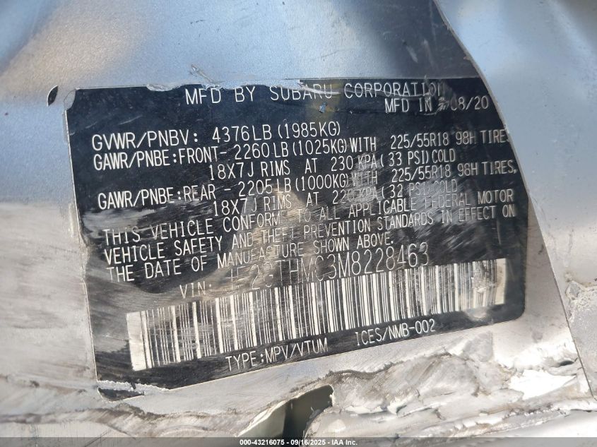 2021 Subaru Crosstrek Limited VIN: JF2GTHMC3M8228463 Lot: 43216075