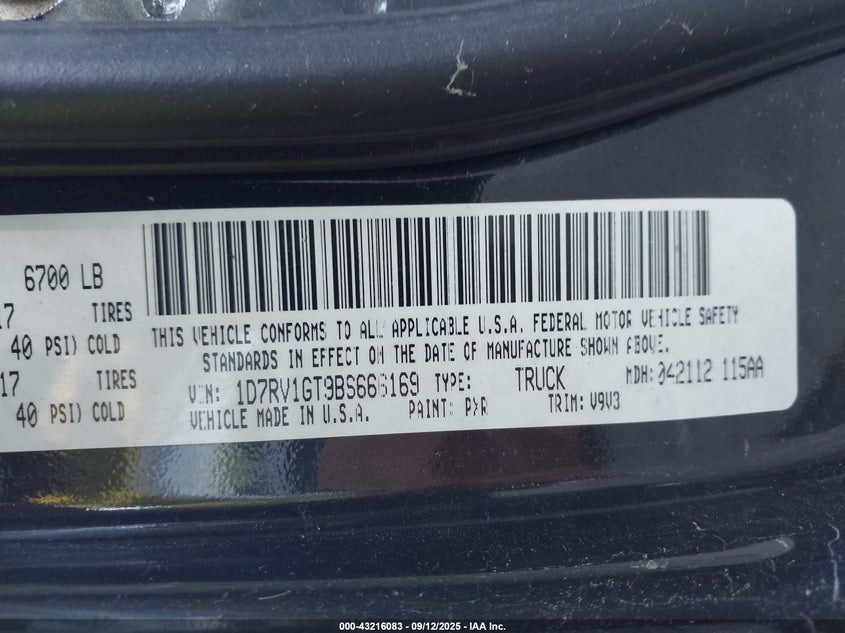2011 Ram Ram 1500 Slt VIN: 1D7RV1GT9BS666169 Lot: 43216083