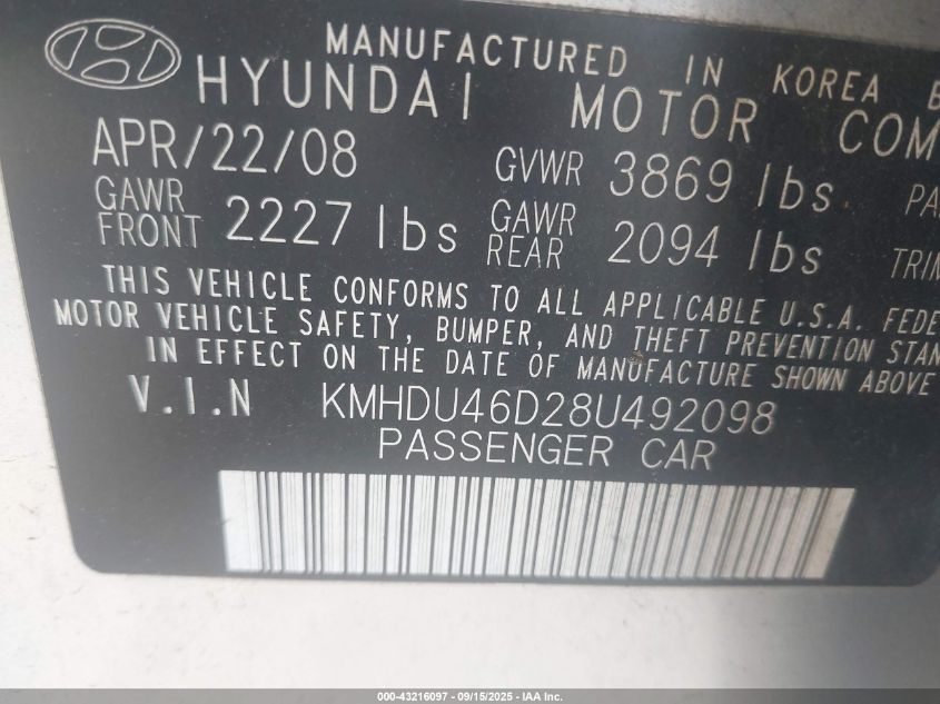 2008 Hyundai Elantra Gls/Se VIN: KMHDU46D28U492098 Lot: 43216097