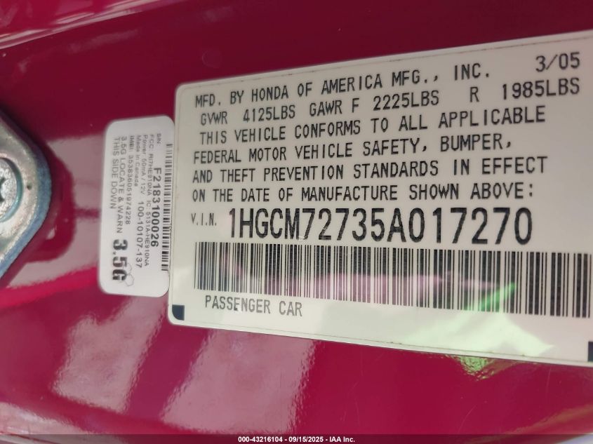 2005 Honda Accord 2.4 Ex VIN: 1HGCM72735A017270 Lot: 43216104