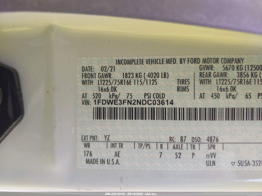 2022 Ford E-350 Cutaway VIN: 1FDWE3FN2NDC03614 Lot: 43216140