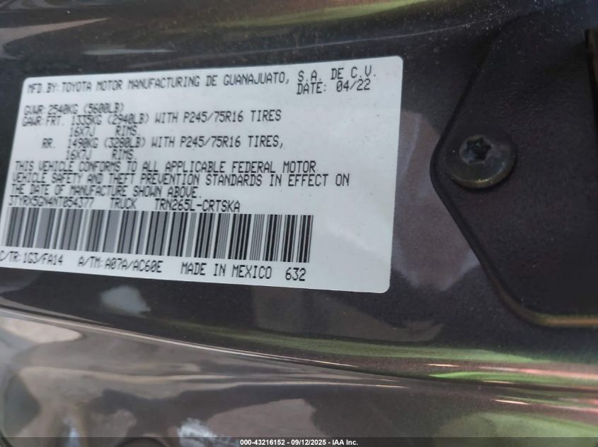 2022 Toyota Tacoma Sr VIN: 3TYRX5GN4NT054377 Lot: 43216152
