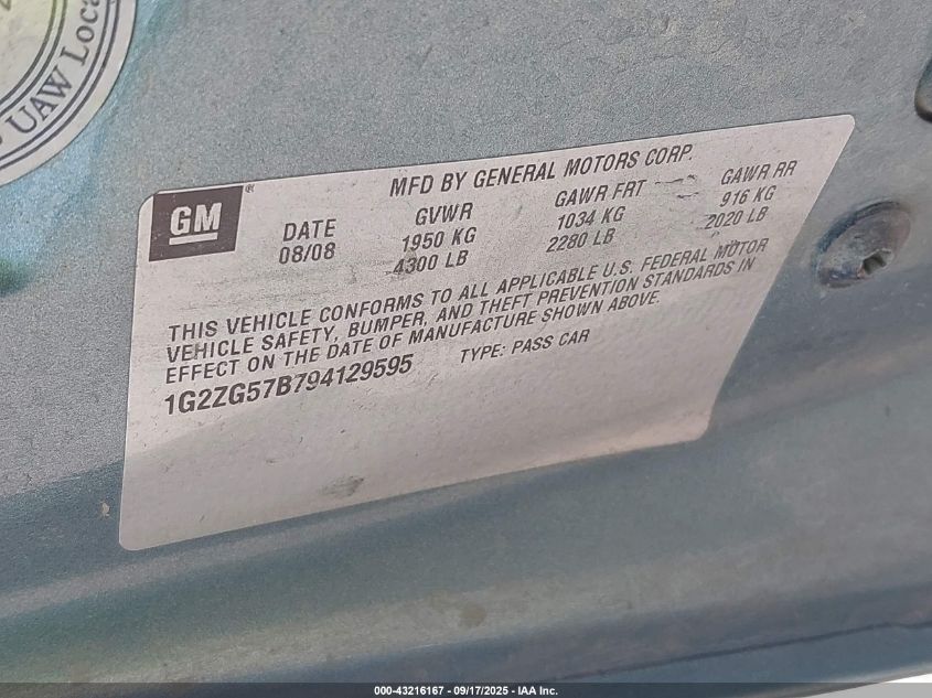 2009 Pontiac G6 VIN: 1G2ZG57B794129595 Lot: 43216167