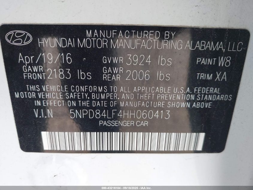 2017 Hyundai Elantra Se VIN: 5NPD84LF4HH060413 Lot: 43216184