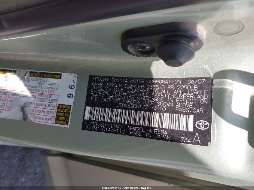 2007 Toyota Prius Touring VIN: JTDKB20U177673463 Lot: 43216195