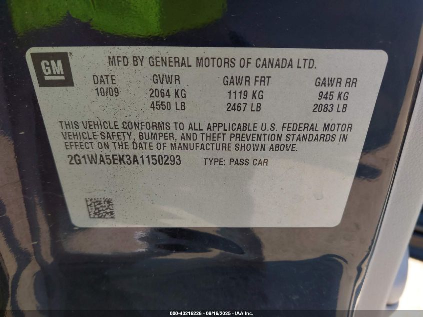 2010 Chevrolet Impala Ls VIN: 2G1WA5EK3A1150293 Lot: 43216226