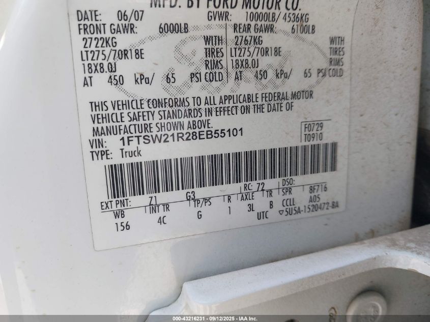 2008 Ford F-250 Fx4/Harley-Davidson/King Ranch/Lariat/Xl/Xlt VIN: 1FTSW21R28EB55101 Lot: 43216231