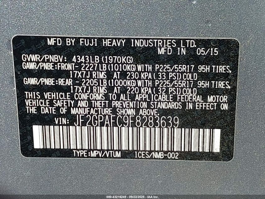 2015 Subaru Xv Crosstrek 2.0I Premium VIN: JF2GPAFC9F8283639 Lot: 43216249