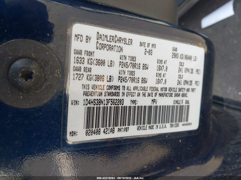 2003 Dodge Durango Sport/Sxt VIN: 1D4HS38N13F562203 Lot: 43216263