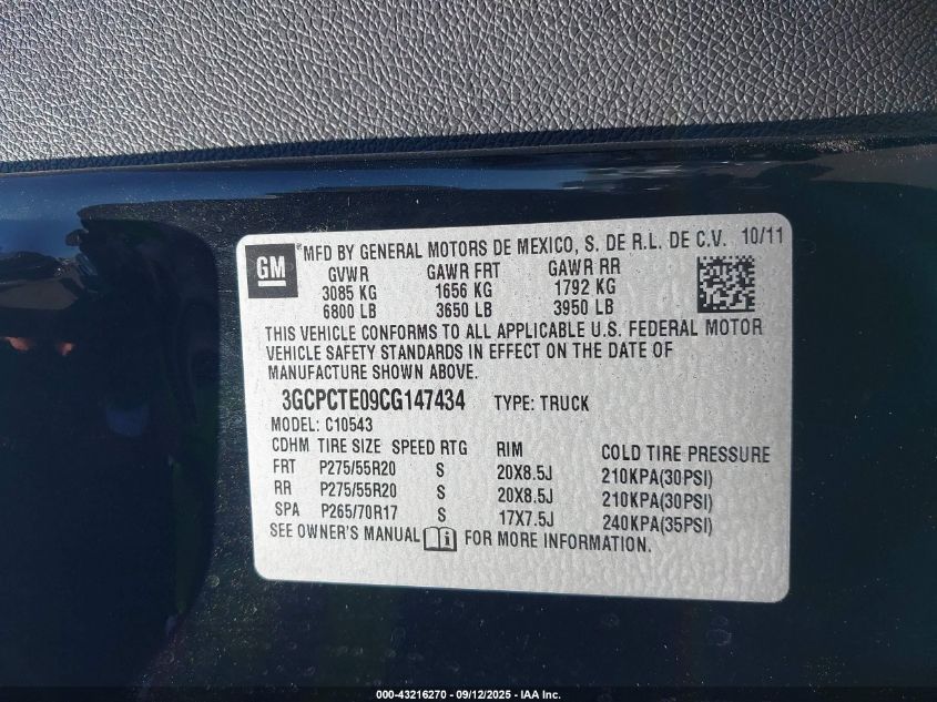 2012 Chevrolet Silverado 1500 Ltz VIN: 3GCPCTE09CG147434 Lot: 43216270