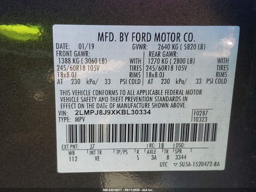 2019 Lincoln Nautilus Standard VIN: 2LMPJ8J9XKBL30334 Lot: 43216277